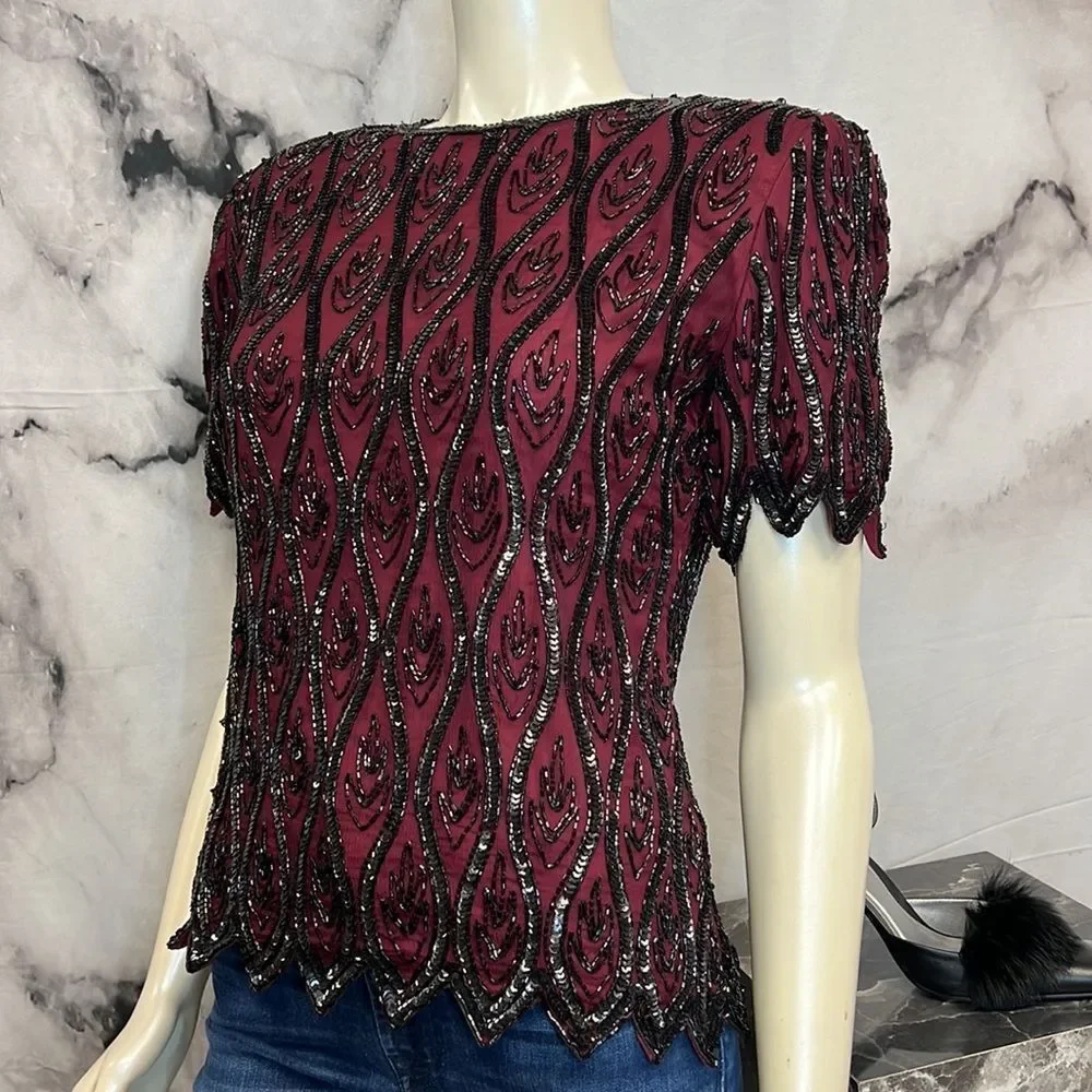 *Maroon and black beaded sequence evening top brand stenay - Picture 4 of 10